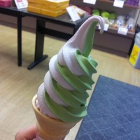 A sweet potato and green tea ice cream cone
