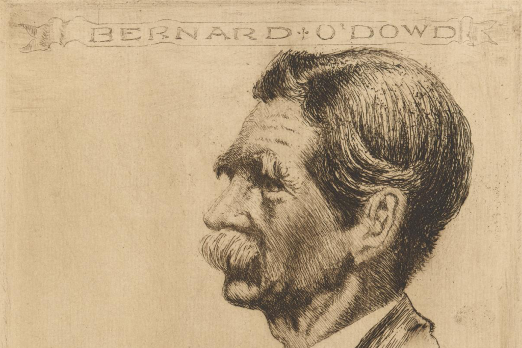 Bernard O'Dowd, in a 1924 etching by John Shirlow (detail) held by the National Gallery of Victoria. View the catalogue entry online.