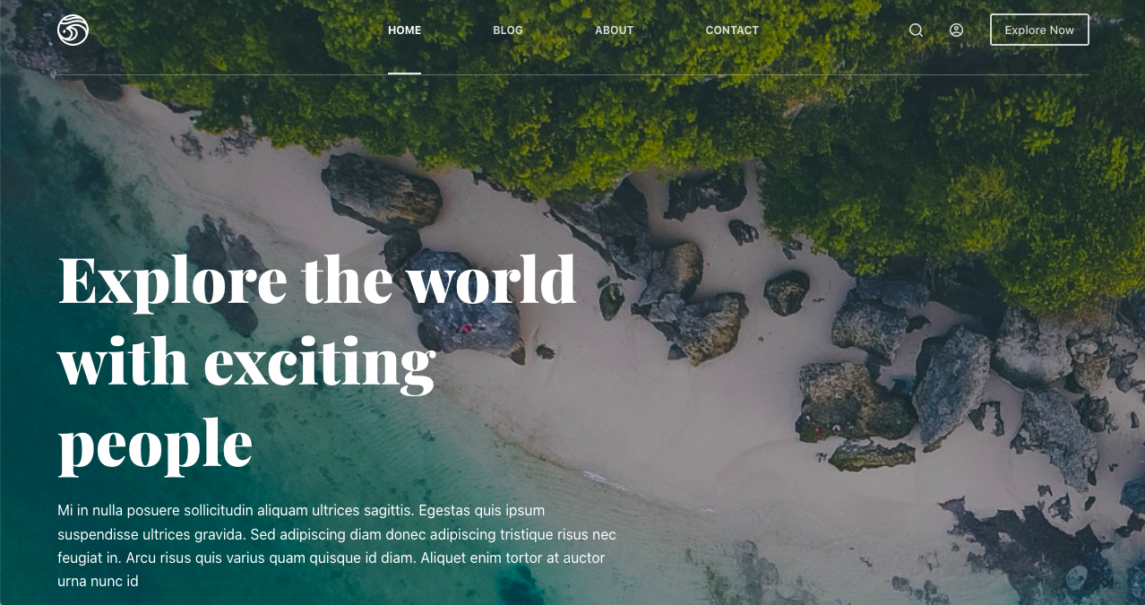 A screenshot from the very alluring Blocksy WordPress travel starter site.